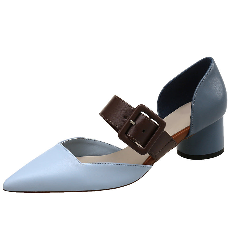 Casual Korean Fashion Square Buckle Colorblock High Heels Pointed Mary Jane Shoes