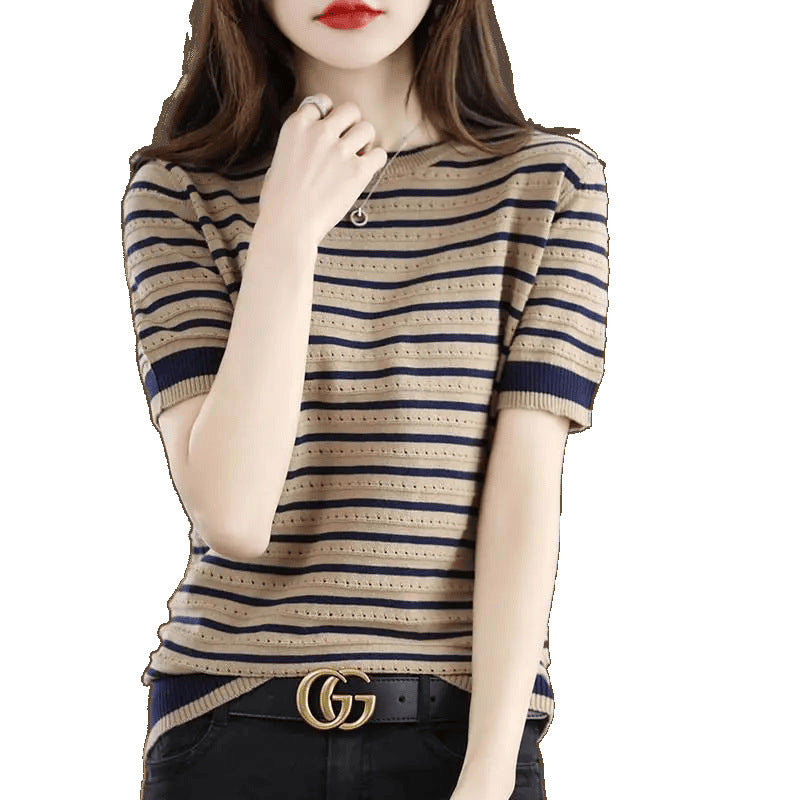 Loose Color Matching Striped Hollow Knitted Shirt