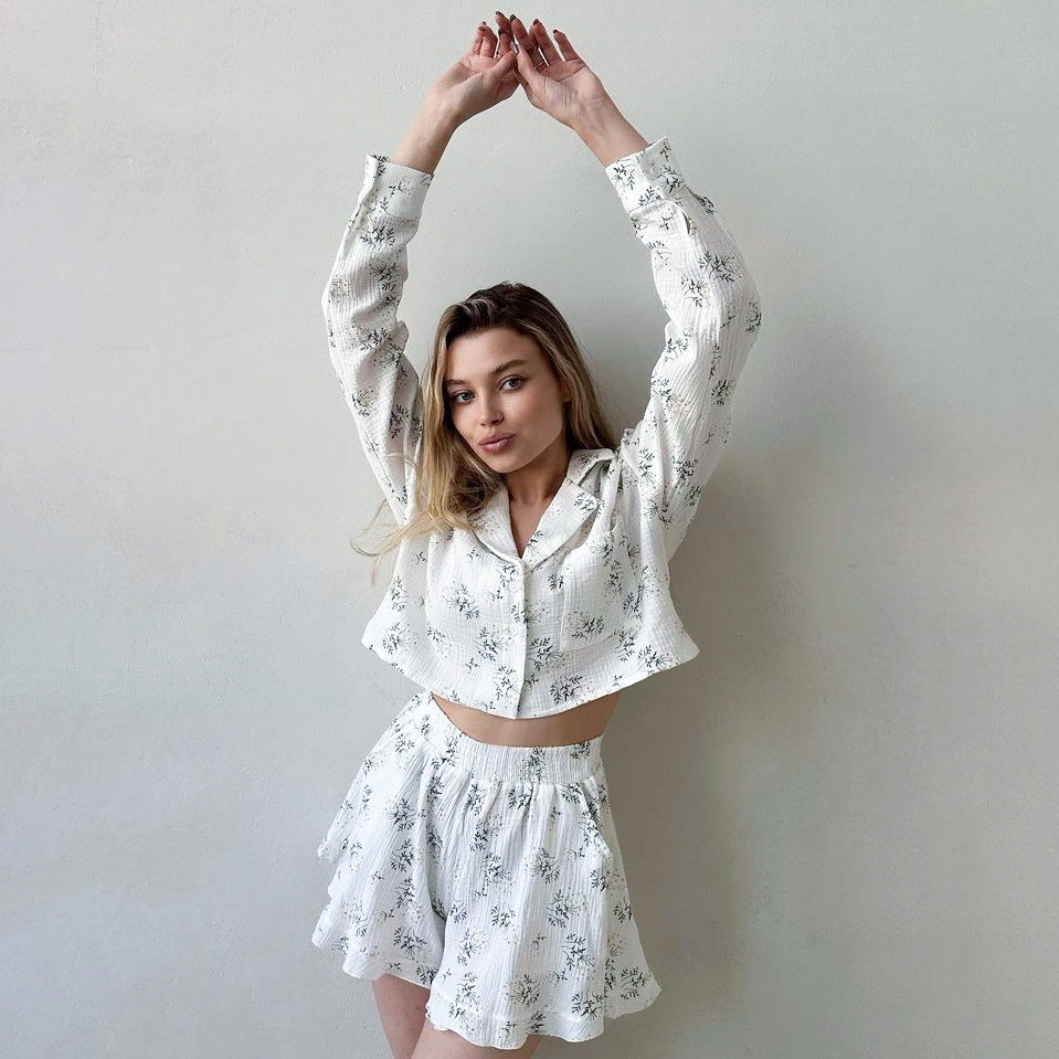 Printed Minimalist Light-Luxury Pajama Set With Long Sleeves And Shorts