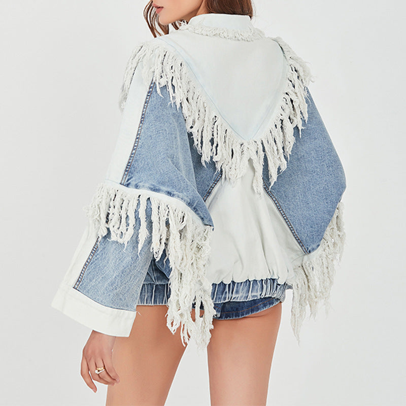 Black And White Stitching Tassel Single-breasted Design Loose Denim Jacket