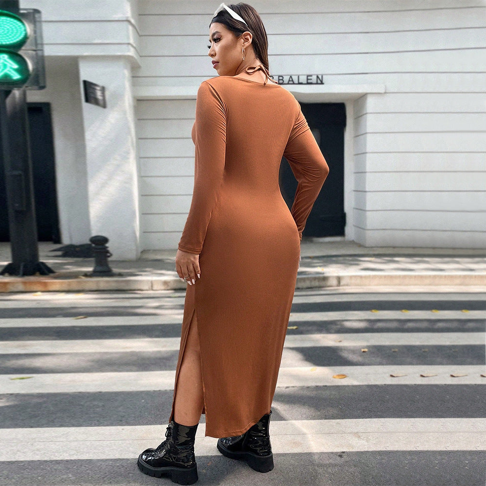 European And American-style Caramel-colored Halter Dress For Women