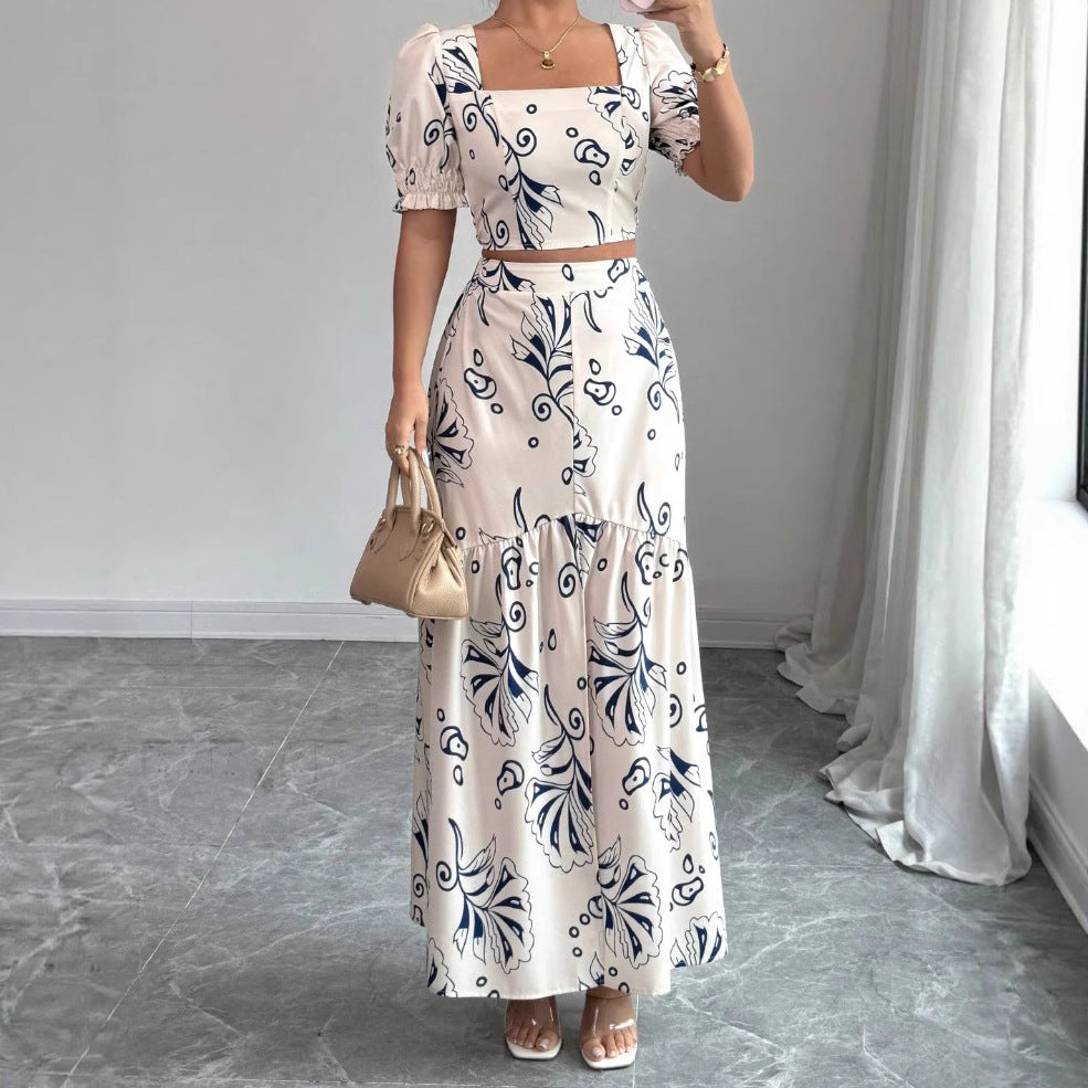 New Printed Square Neck Short Sleeve Skirt Set