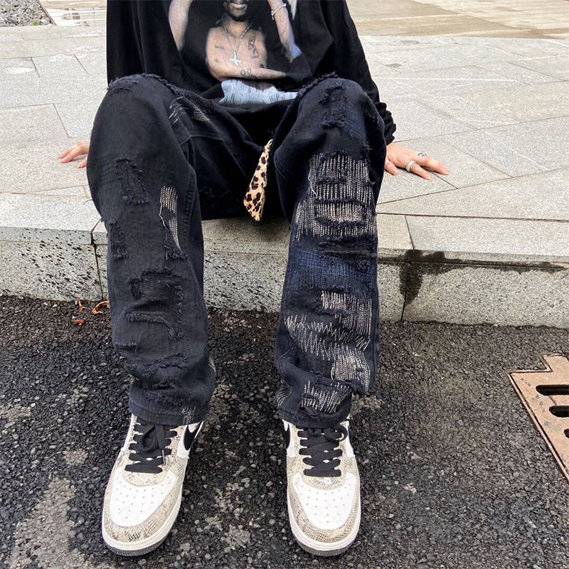 Women's Ripped Personality Knife Cut Loose Straight Jeans