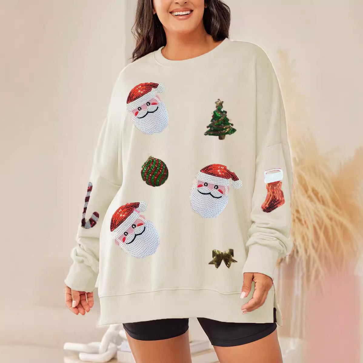 Julpaillettop top til kvinder, løs afslappet langærmet sweater