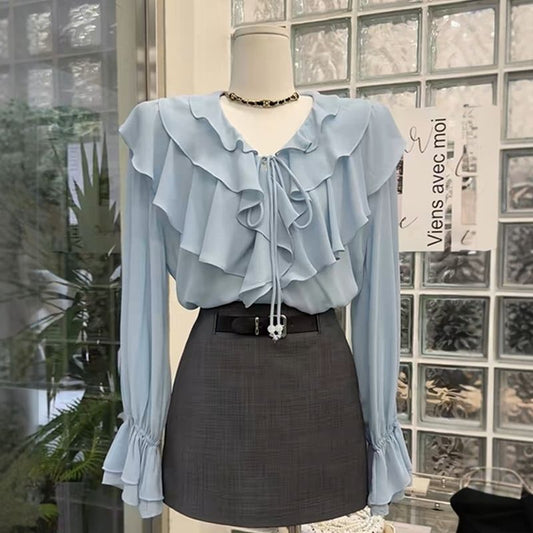 French Elegant Ruffled V-neck Long Sleeve Shirt Women