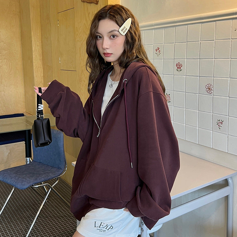 Solid Color Zipper Sweater Coat Women's Autumn Korean Style Hooded