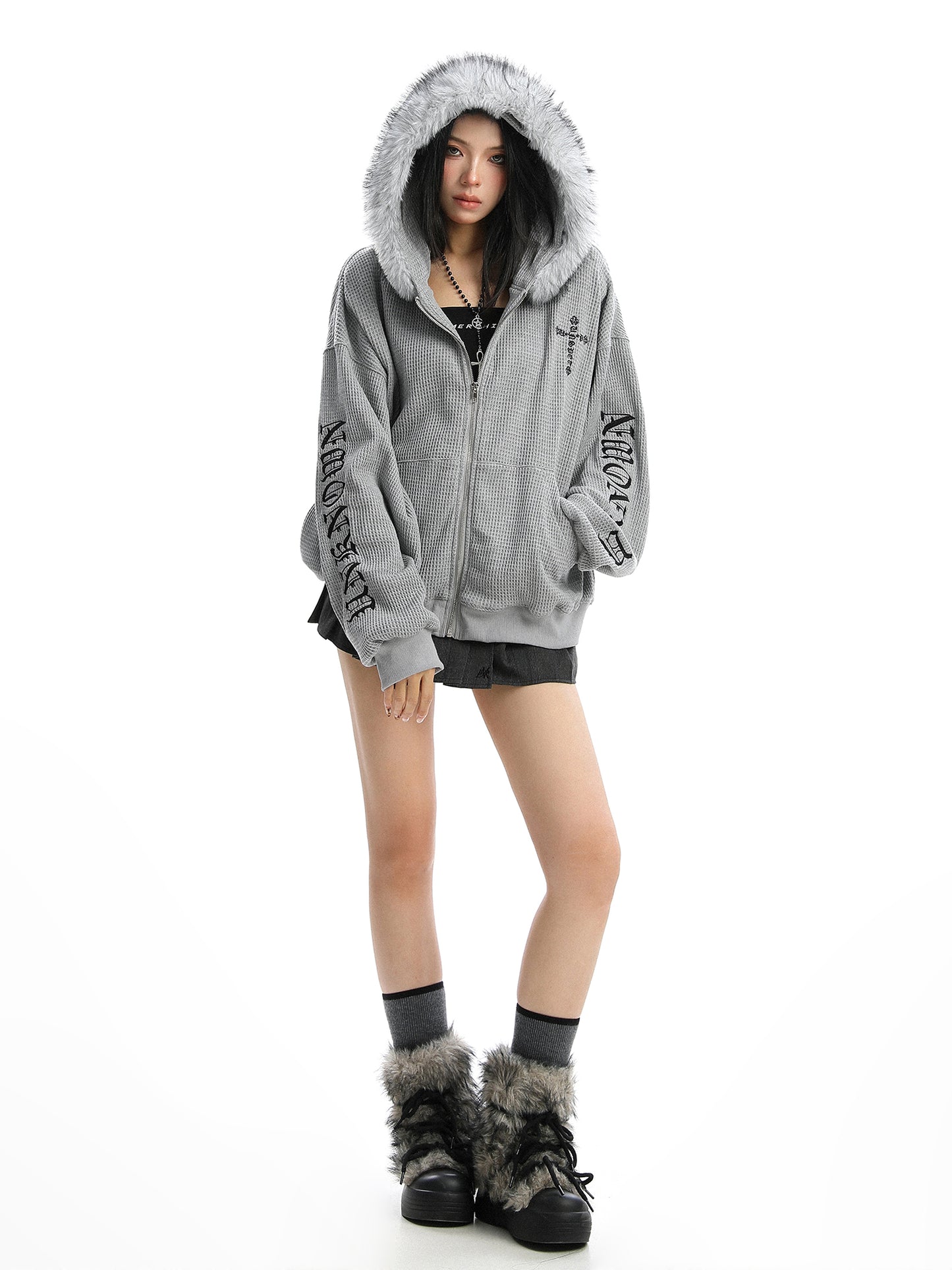Cross Printed Hoodie Women's Fur Collar Baggy Coat