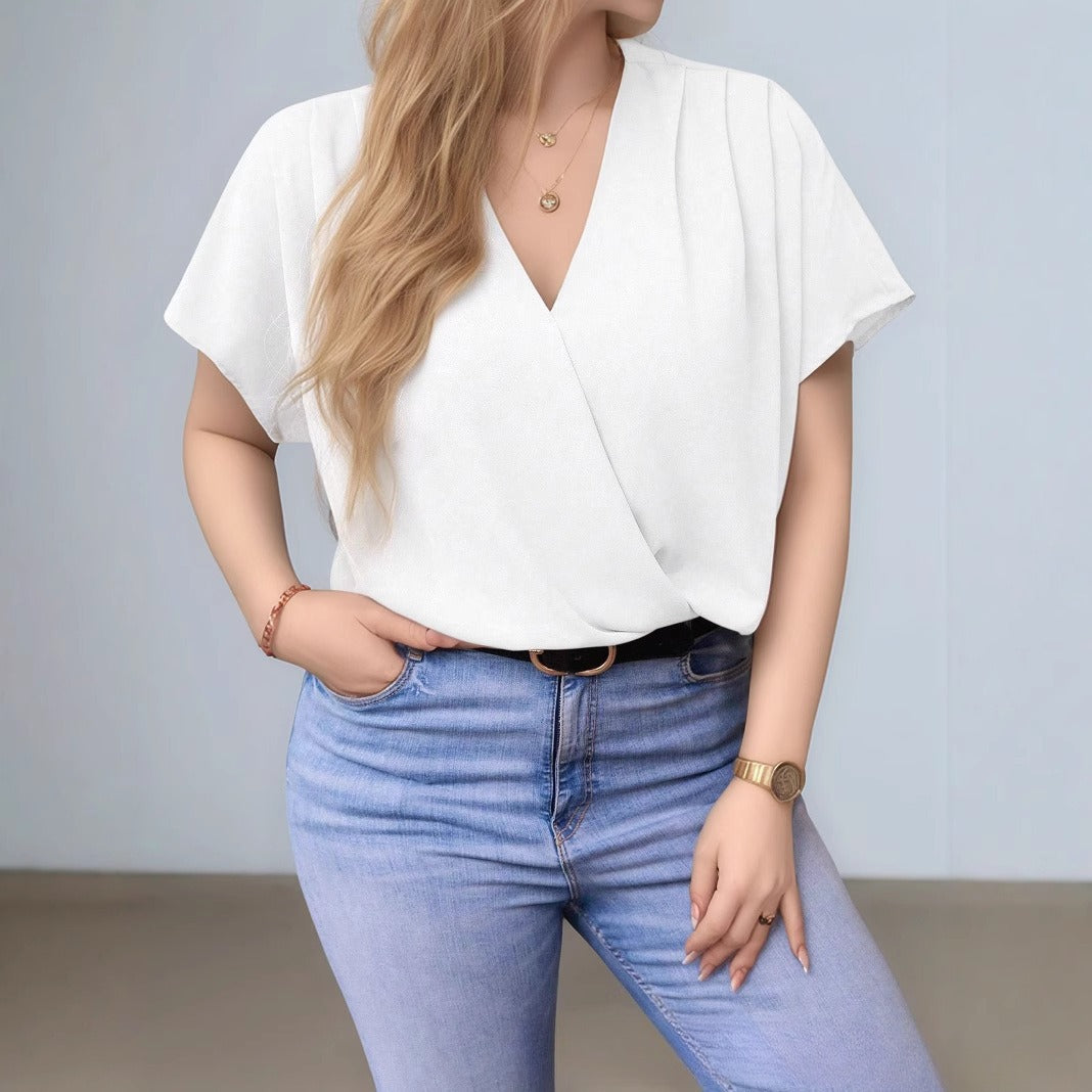 Solid Color V-neck Shirt Casual Short Sleeve Loose T-shirt