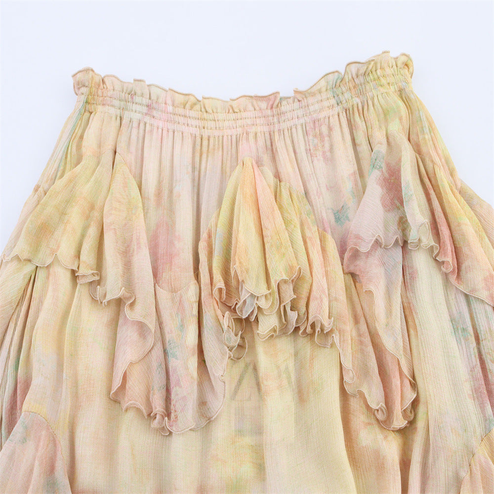 Womens Printed Layered-Design Long Skirt