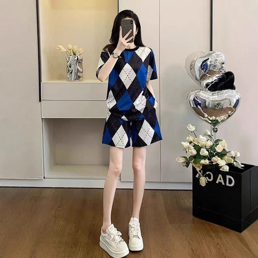 Women's Fashion Casual Geometric Short-Sleeve Suit