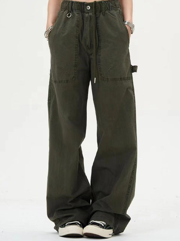 Drape Women's Large Pocket Design Straight Loose High Waist Casual Trousers