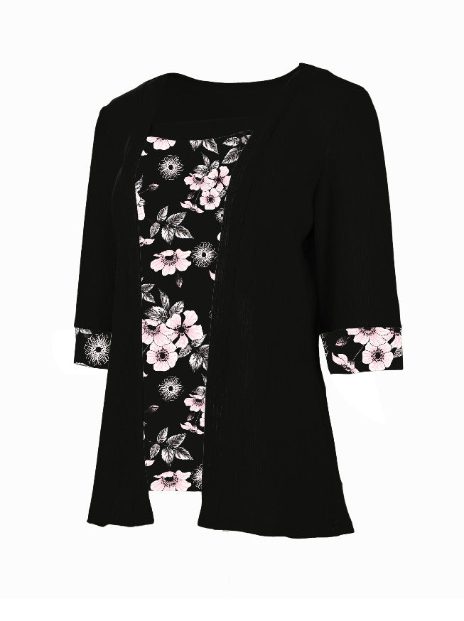 Women's Fake Two-piece Five-quarter Sleeve Printed Top T-shirt