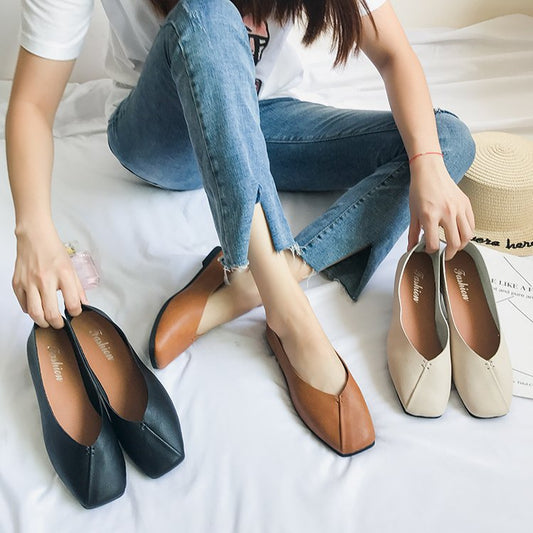 Square Toe Flat Bottom Versatile Single-layer Shoes Women