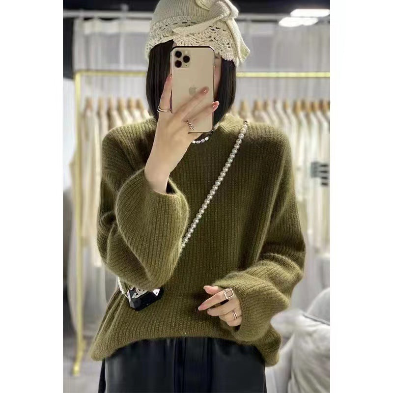 Round Neck Lantern Sleeve Knitted Sweater Lazy Style