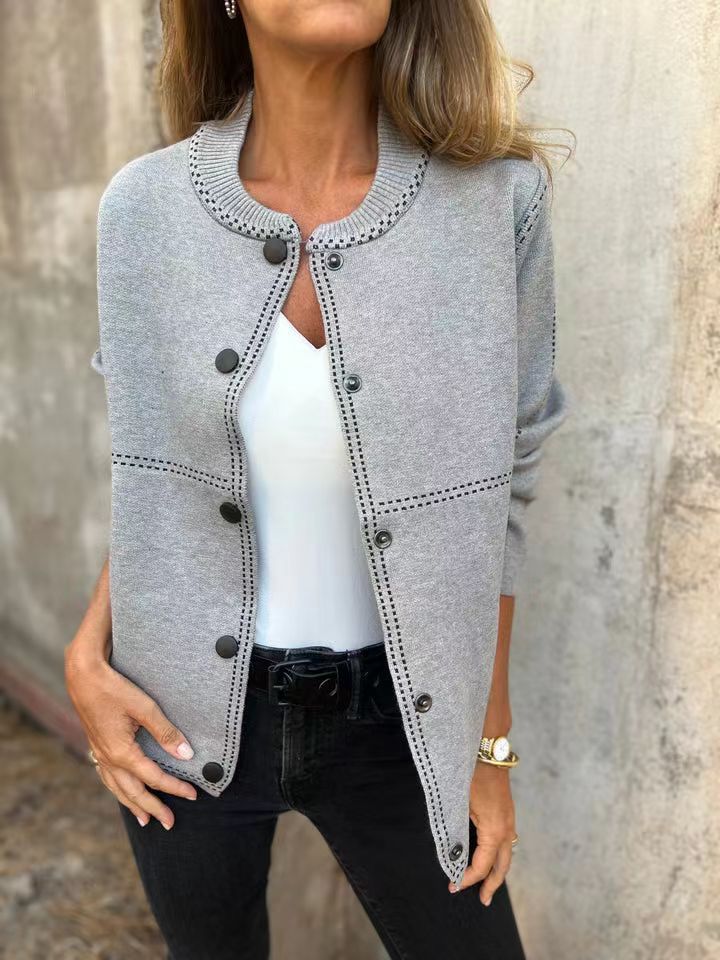 Ins Black-striped Button Cardigan Fashion Sweater Loose Round Neck Long Sleeve Cropped Tops Women's Clothing