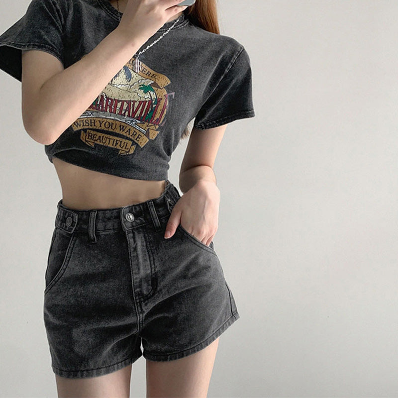 Women's Thin High Waist Cropped Navel Short Sleeve T-shirt