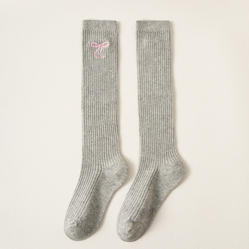 Bowknot Embroidery Stockings Preppy Style Calf Socks Children's High-top Cotton Socks