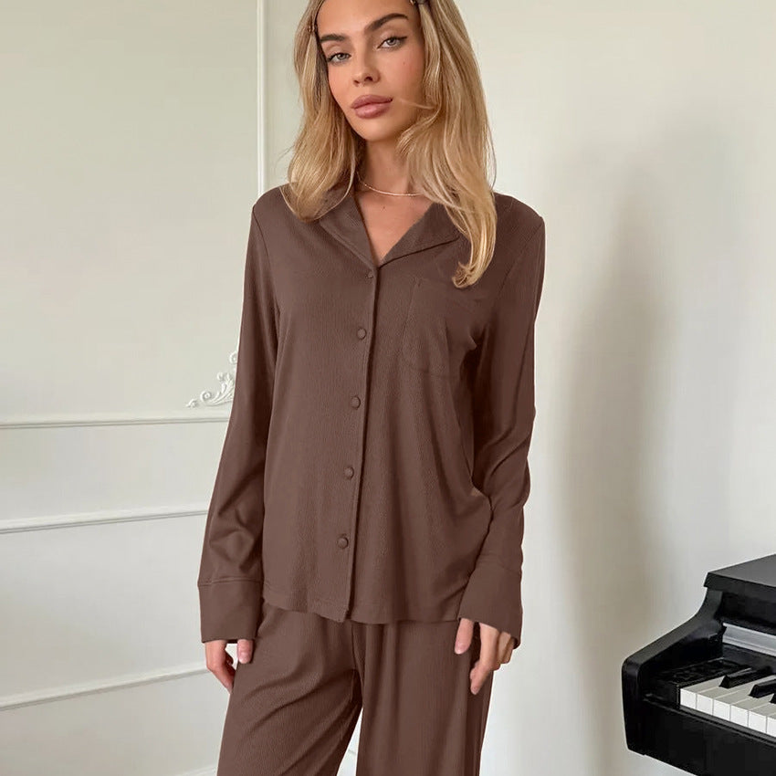 Knitted Pajama Set Long-sleeve Top And Long Pants In Brown Perfect For Fall And Winter
