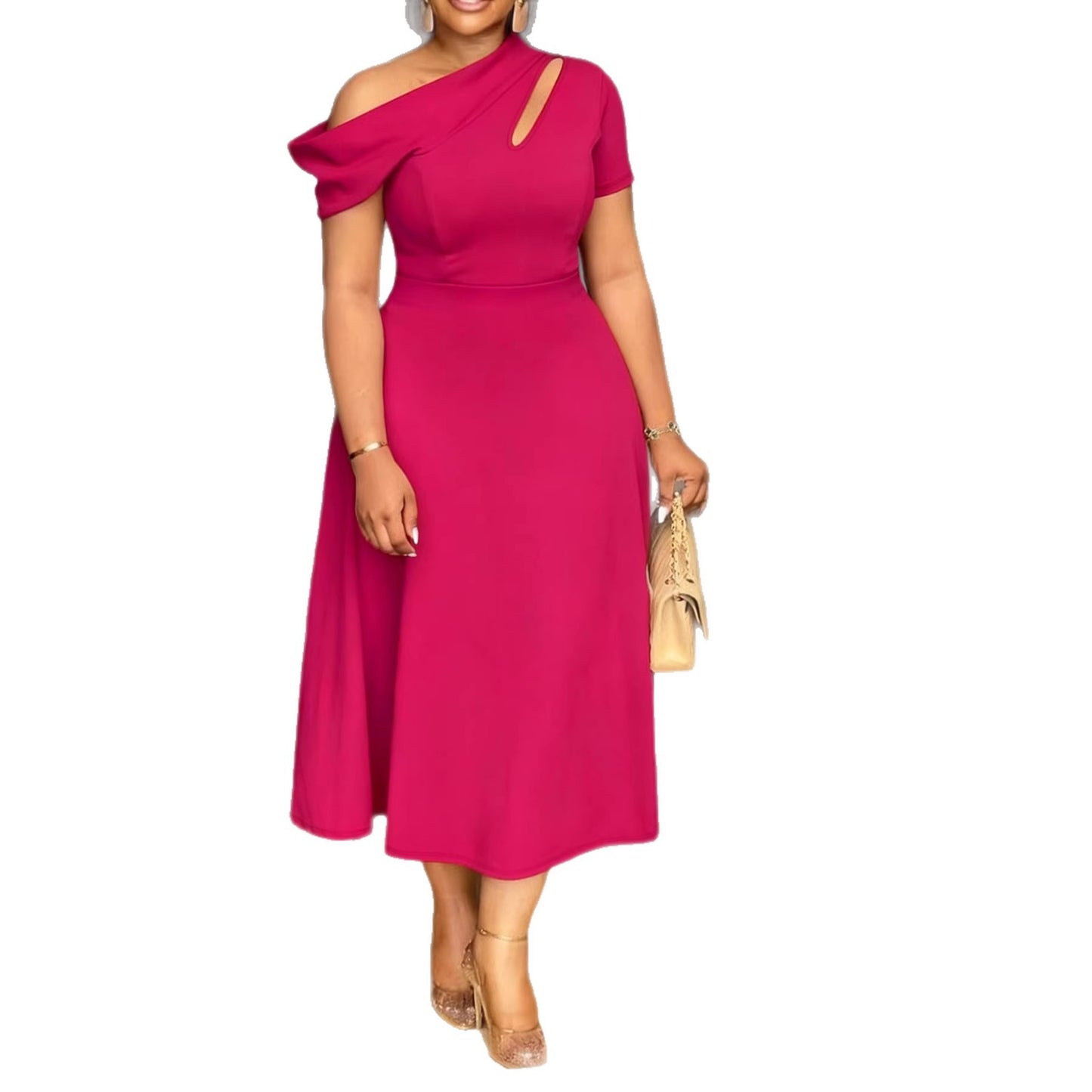 Solid-color Slash-neck Slim-fit Maxi Dress