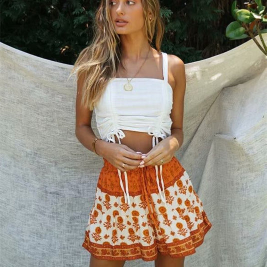 Spring Summer Two Tone Printed Shorts Elastic Waist Strap