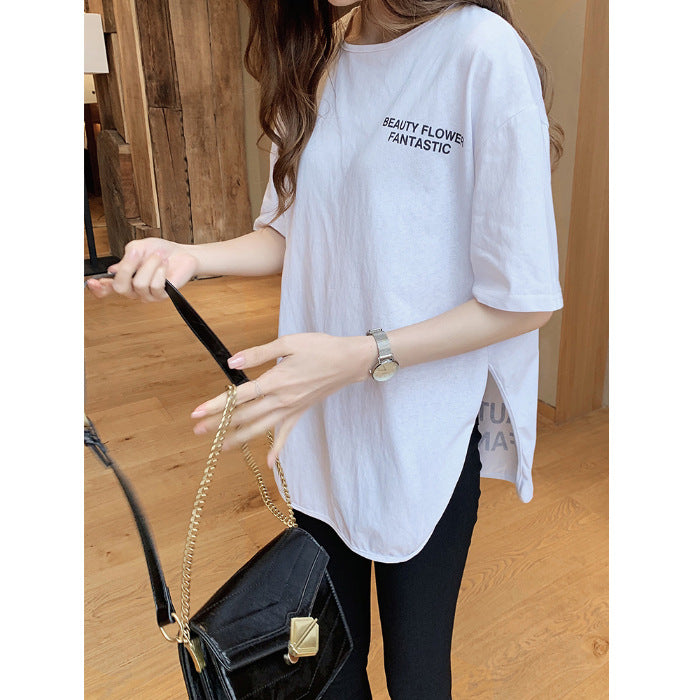 White Split T-shirt Female Plus Size Mid-length Sleeve Mid-length