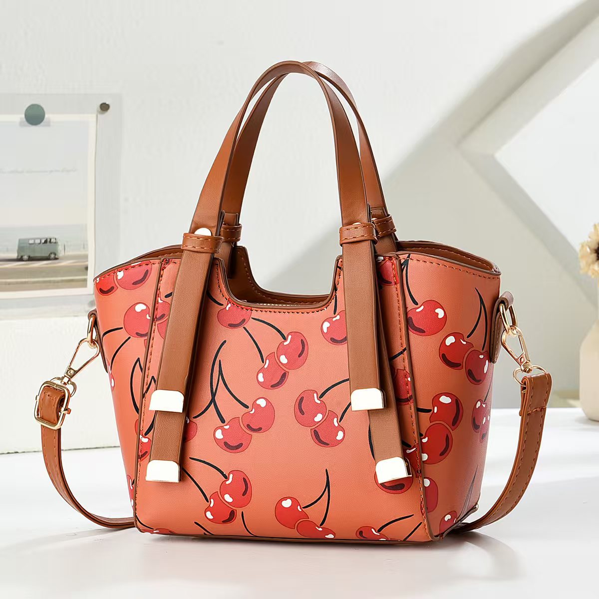 Bag Women's Classic All-match Vegetable Basket Cherry Print Hand Carrying