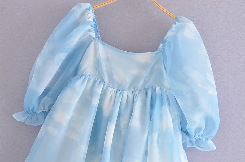 Fashion Smudged Blue Sky Cloud Puff Sleeve Dress Women