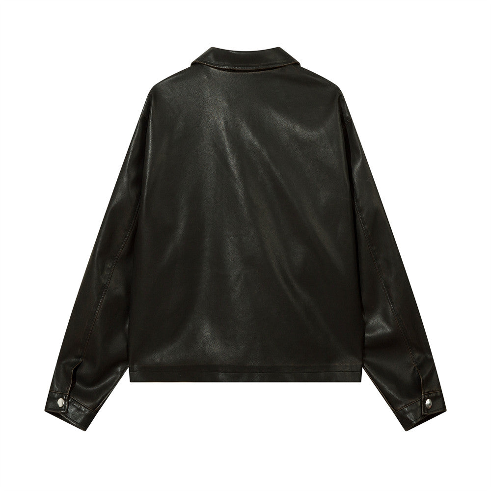 Solid Color PU Leather Coat Men