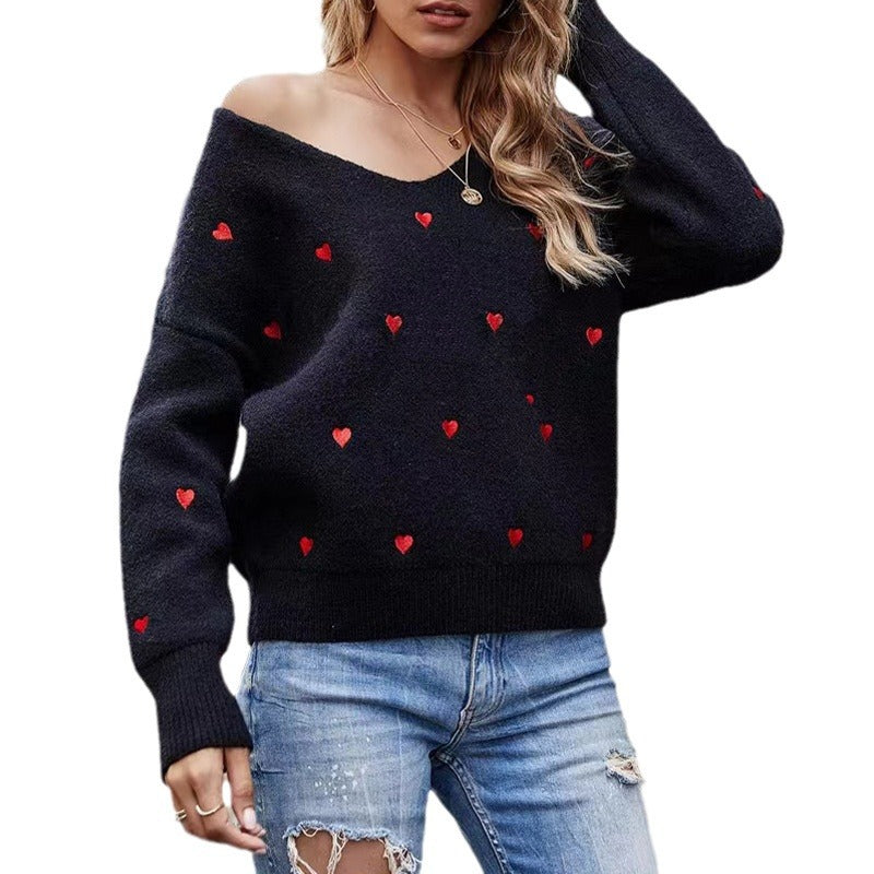 Women's Long-sleeved Pullover Sweater Solid Color Heart-shaped Jacquard Knitted Top