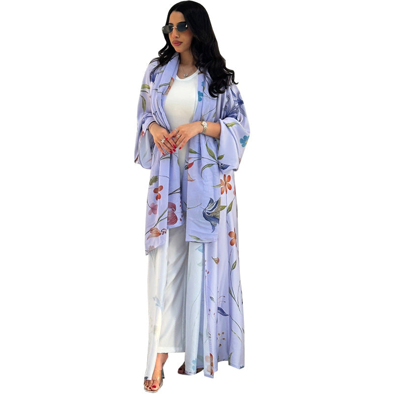 Womens Printed Two-Piece Set Long Robe With Hoodie Coat