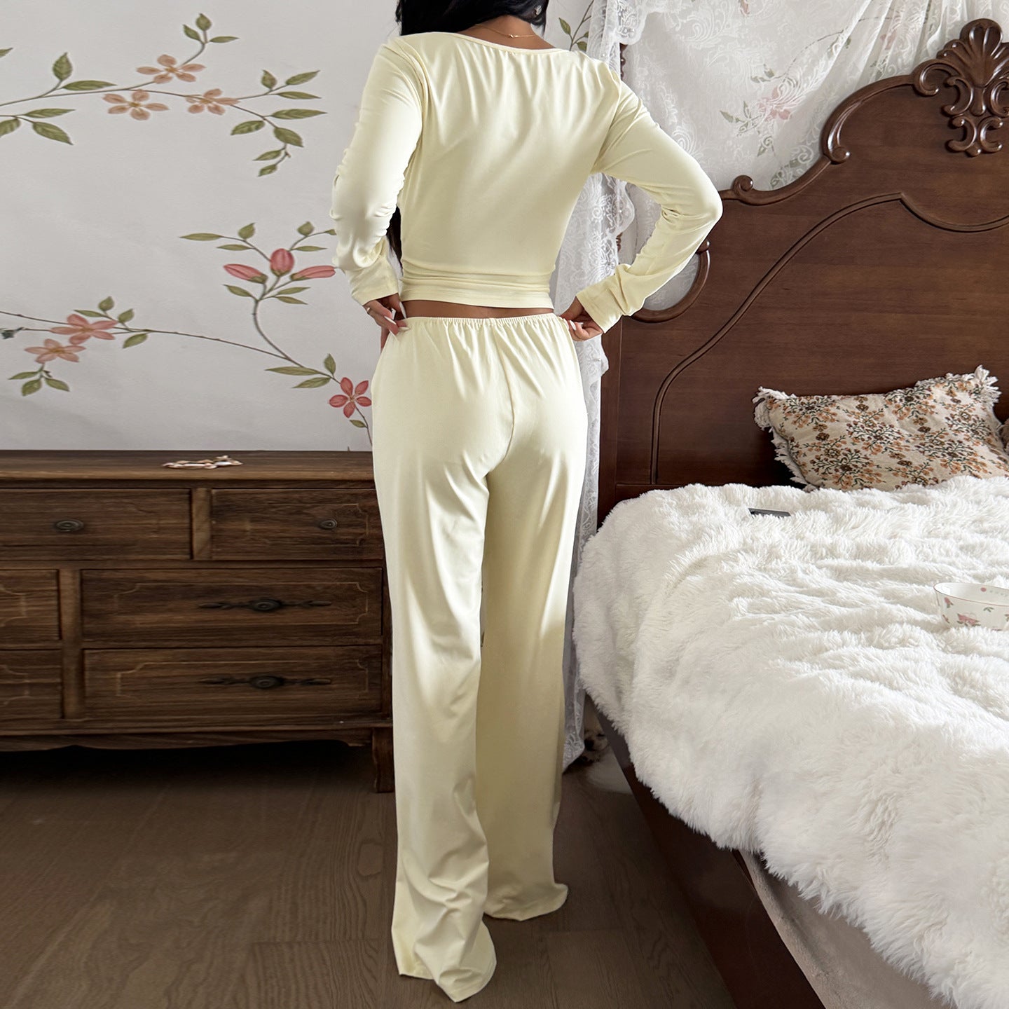 Simple Casual Suit Deep Slim Long Sleeve Low Waist Bootcut Trousers Women's Clothing