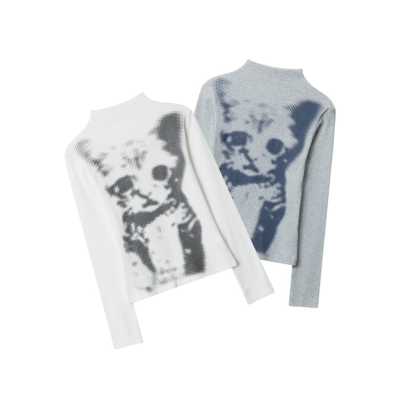 Chessboard Plaid Cat Printing Top Women's Long Sleeve
