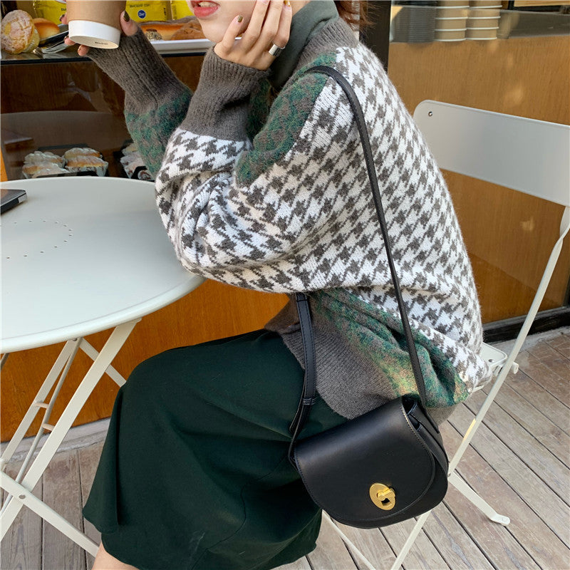 Alsidig løs houndstooth cardigan-sweater