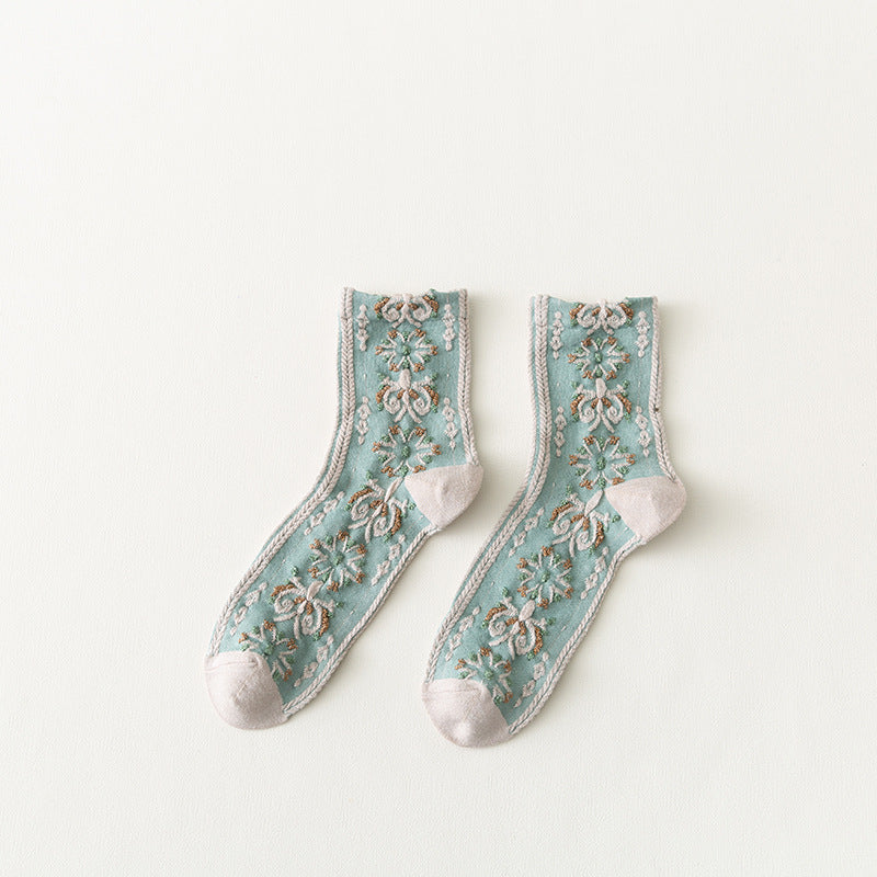 Women's Literary Medium Tube Retro Forest Green Socks