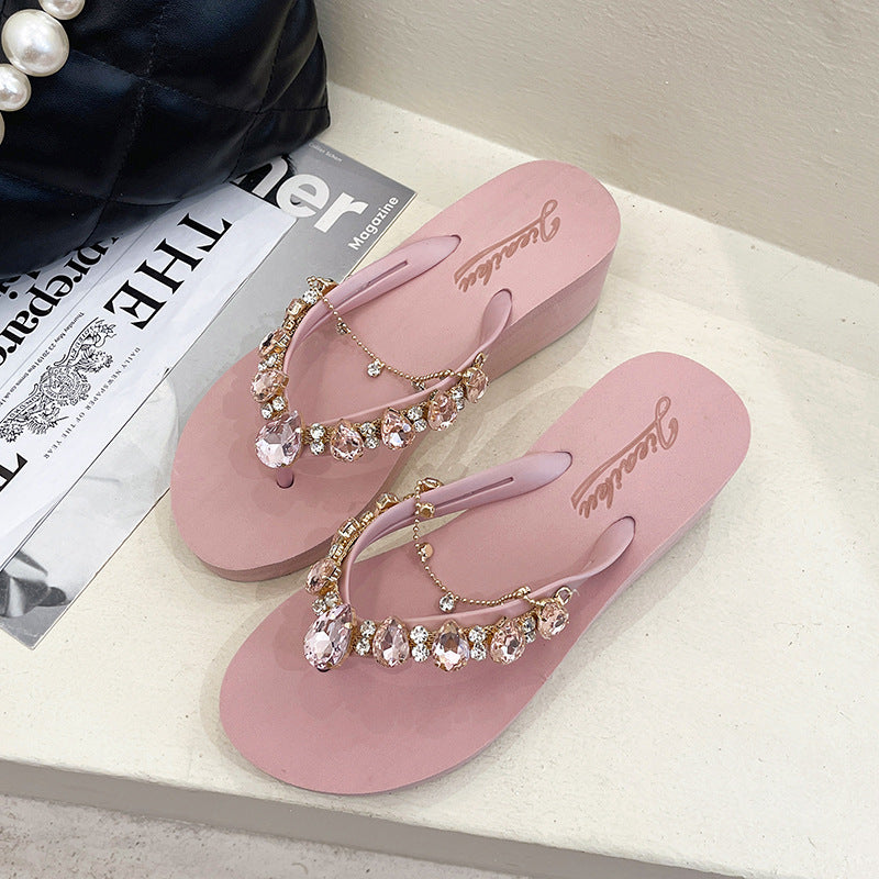 Women's Fashion Casual Rhinestone Chain Thick Bottom Flip-flops