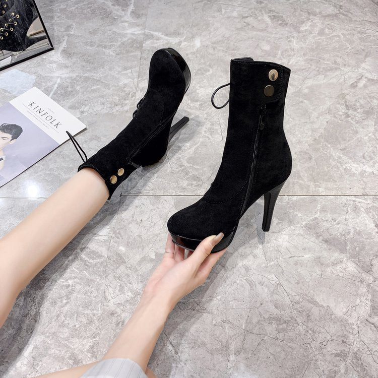European And American Autumn And Winter High Heel Lace Up Short Boots