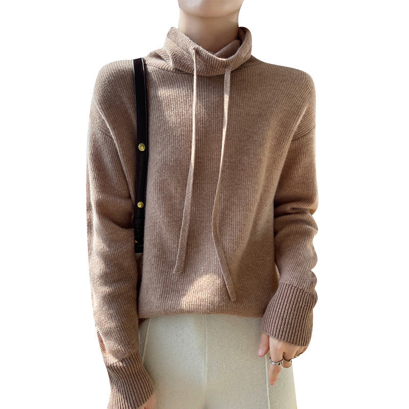 Autumn And Winter Cashmere Sweater Women's Turtleneck Drawstring Loose Thick Pullover Sweater