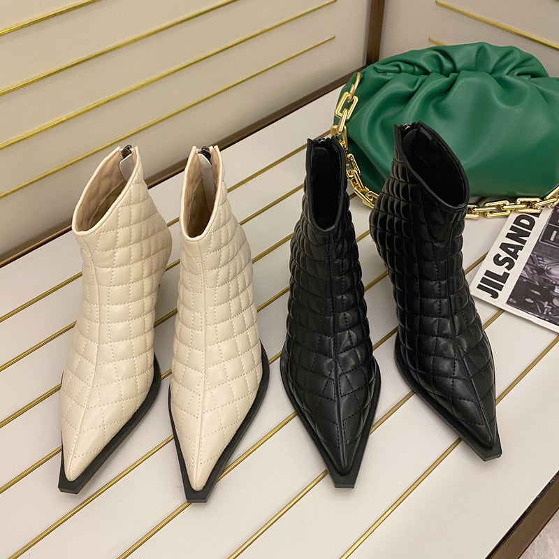 Plaid Stiletto Heel High Heeled Fashion Ankle Boots With Pointed Back Zipper