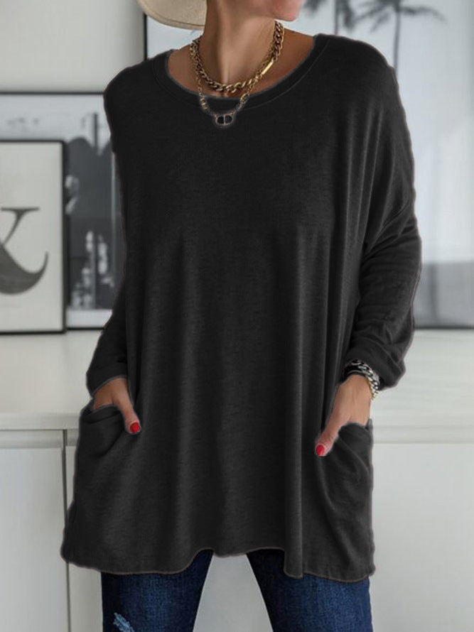 Spring And Summer New Round Neck Long Sleeve Loose Pockets Solid Color
