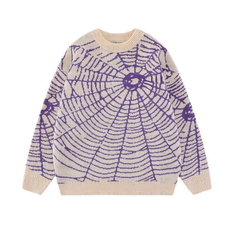 Dinified Hip Hop Niche Spider Web Jacquard Sweater