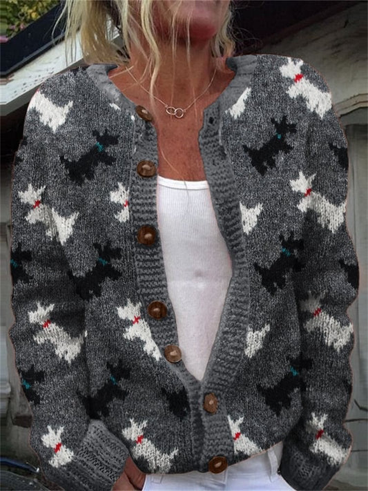 Striped Knitted Digital Print Floral Cardigan Halterneck Sweater Single-Breasted Long-Sleeve Loose-Fit