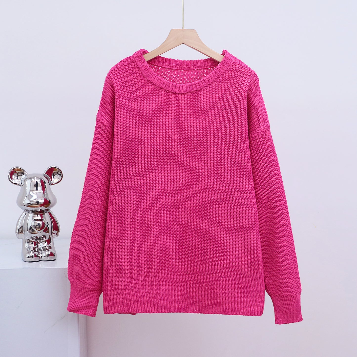 Relaxed-fit Crew-neck Solid-color Long-sleeve Laid-back Style