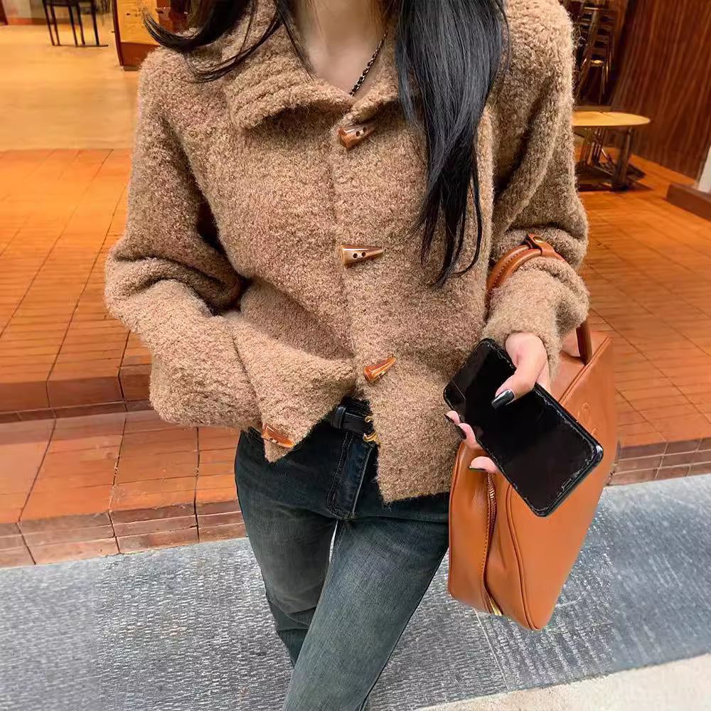 Retro Horn Button Solid Color Sweater Coat For Women