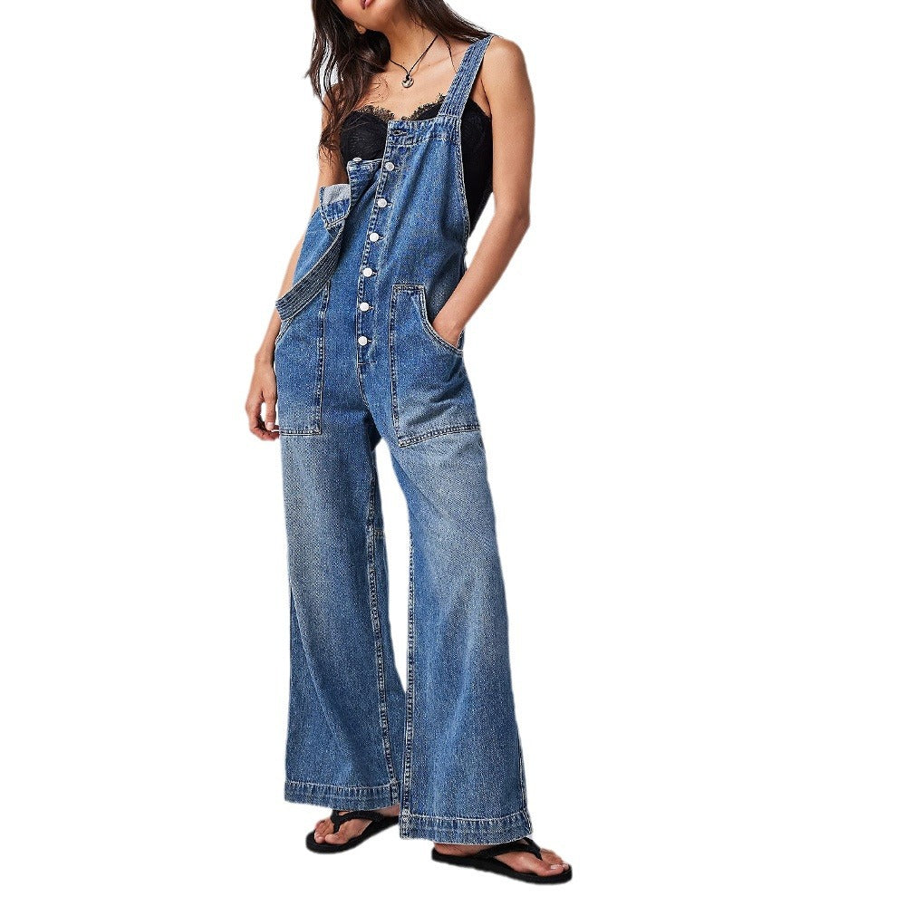 Pocket Sling Adjustable Strap Wide-leg Overalls Denim Jumpsuit