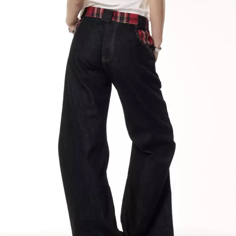Retro Plaid Stitching Reverse Pocket Design Jeans