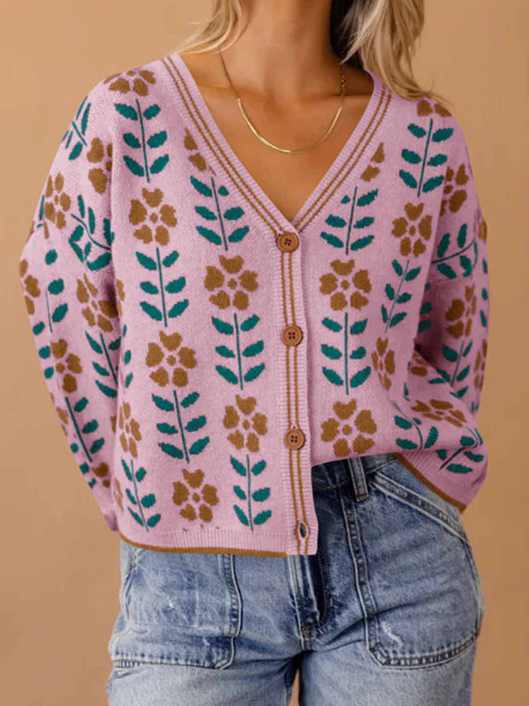 European And American Ladies Single-breasted Long Sleeve Flower Sweater