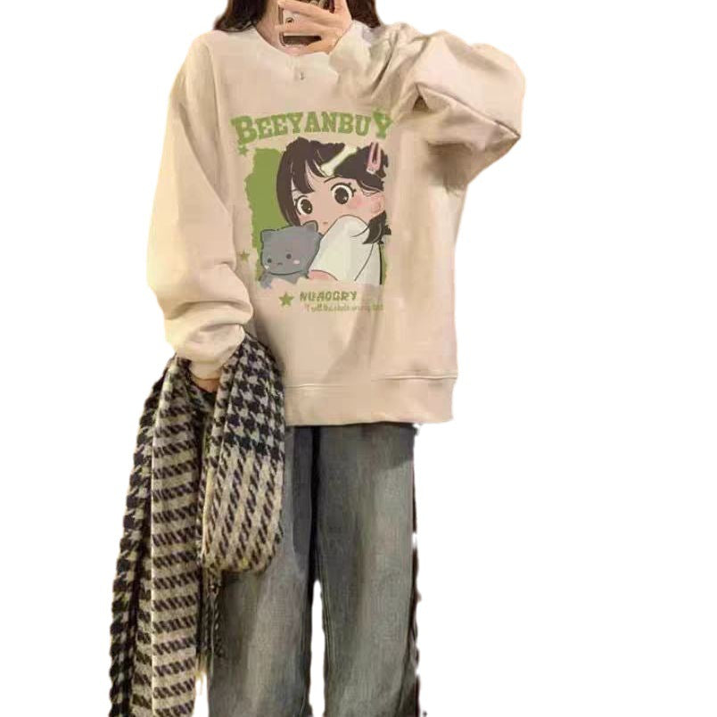 New Autumn And Winter Long-sleeved Sweater Women's Korean-style Fleece-lined Idle Style Round Neck Cartoon Printing