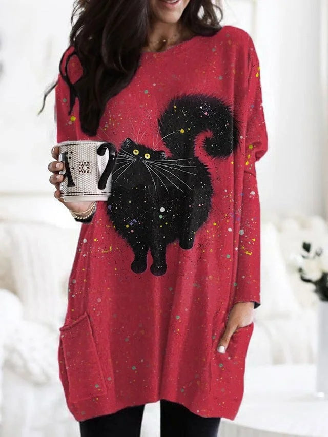 Printed Round Neck Long Sleeve Women's Bag Hip Dress