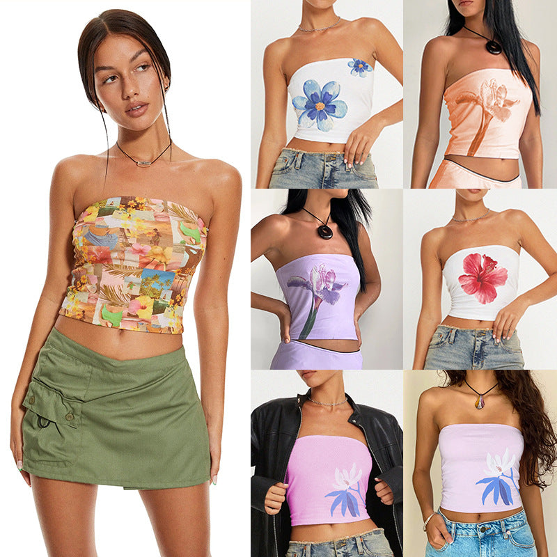 Y2k Print Tube Top Kort Vest Europæisk Og Amerikansk Sød Og Krydret