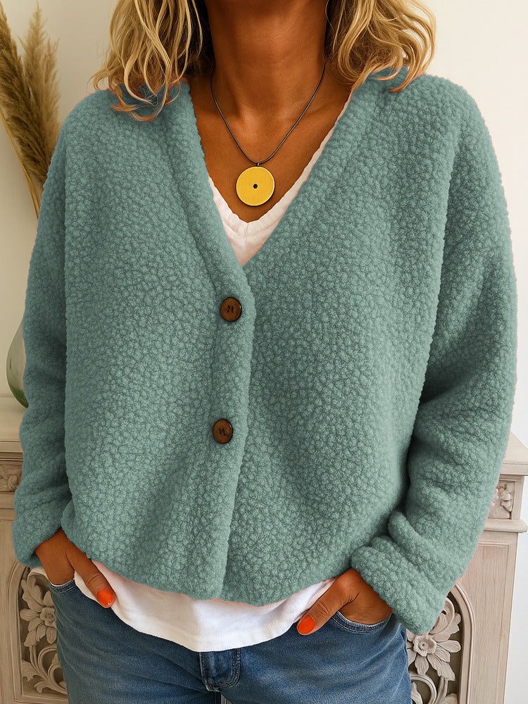 Casual V-neck Long Sleeve Cardigan Solid Color Fleece Button Coat
